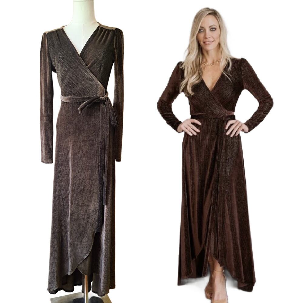 Baltic Born Brown Serena Shimmer Velvet Long Sleeve Maxi Wrap Dress Small